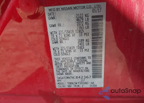 2017 Nissan Rogue Sl z USA, uszkodzony, nr VIN 5N1AT2MV7HC842367